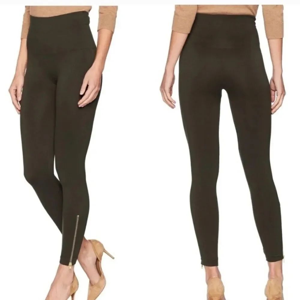 Spanx Seamless Leggings Olive Green With Gold Ankle Zippers
